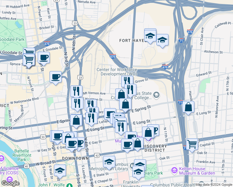 map of restaurants, bars, coffee shops, grocery stores, and more near 262 North Grant Avenue in Columbus