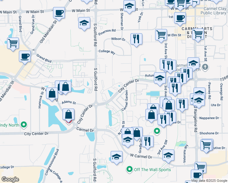 map of restaurants, bars, coffee shops, grocery stores, and more near 12517 Timber Creek Drive in Carmel