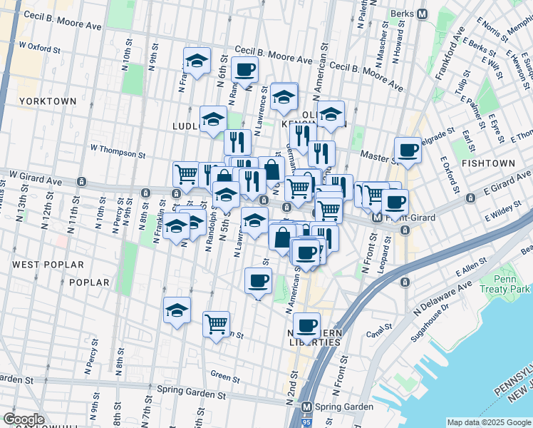 map of restaurants, bars, coffee shops, grocery stores, and more near 1147-53 North 4th Street in Philadelphia