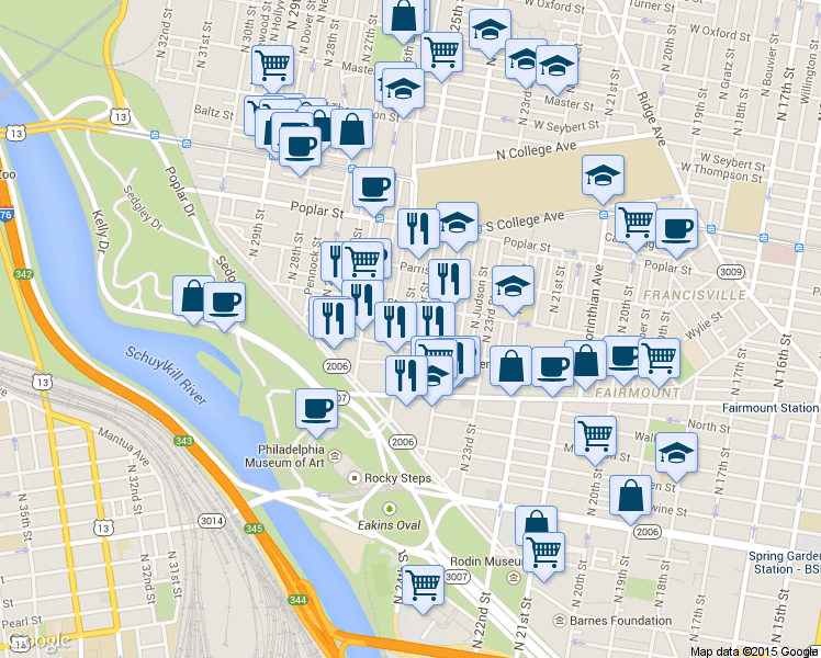 map of restaurants, bars, coffee shops, grocery stores, and more near 771 North 25th Street in Philadelphia