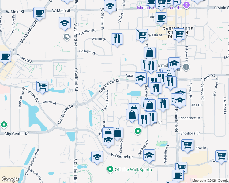 map of restaurants, bars, coffee shops, grocery stores, and more near 675 Beacon Street in Carmel