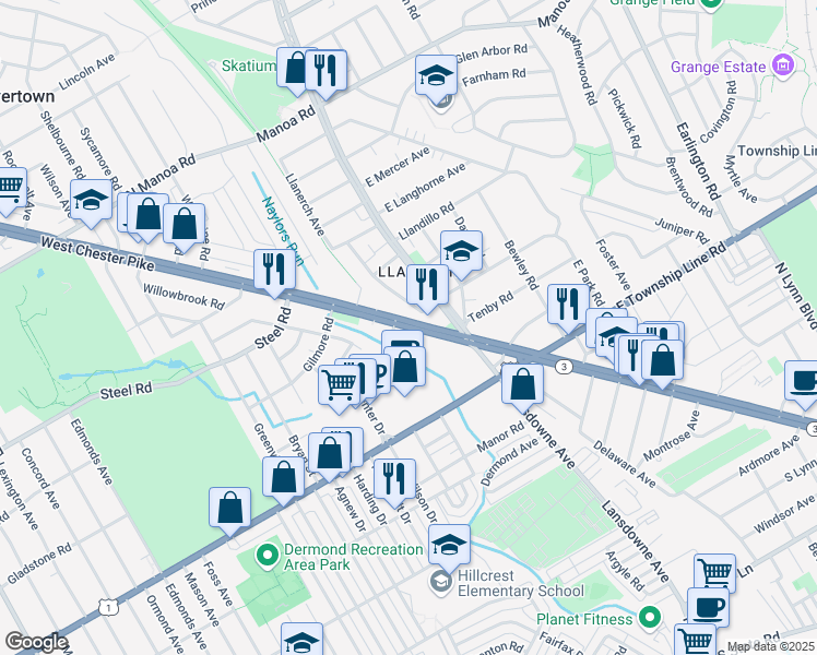 map of restaurants, bars, coffee shops, grocery stores, and more near 250 West Chester Pike in Havertown