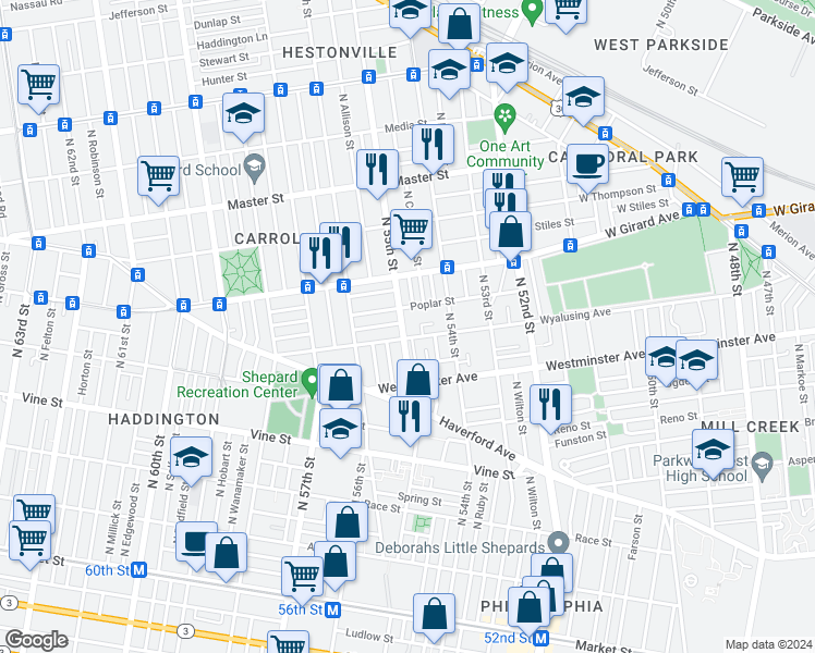 map of restaurants, bars, coffee shops, grocery stores, and more near 613 North 55th Street in Philadelphia