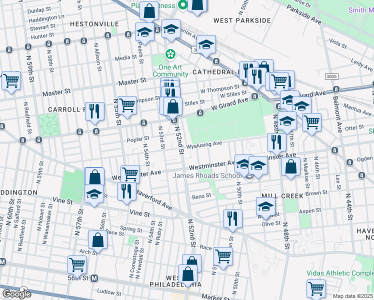 map of restaurants, bars, coffee shops, grocery stores, and more near 5148 Wyalusing Avenue in Philadelphia