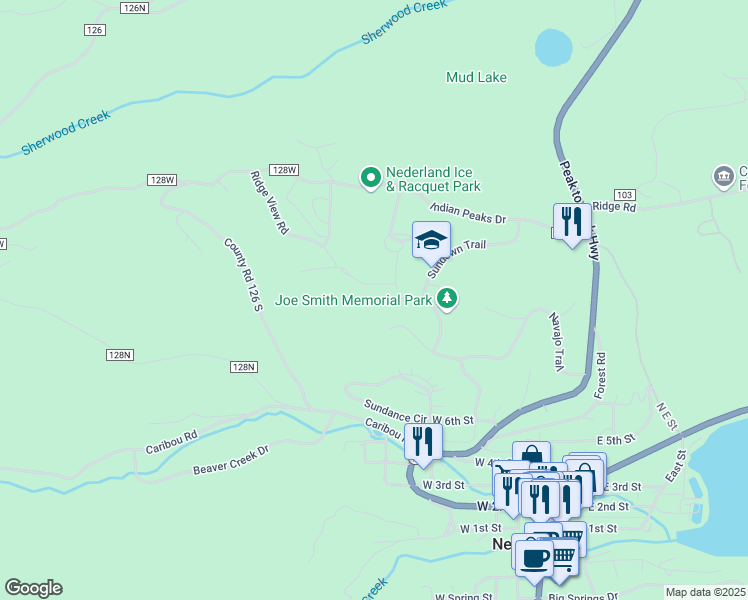 map of restaurants, bars, coffee shops, grocery stores, and more near 1 Sundown Trail in Nederland