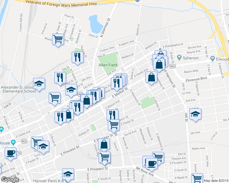 map of restaurants, bars, coffee shops, grocery stores, and more near 881 East Market Street in York