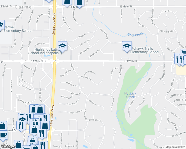 map of restaurants, bars, coffee shops, grocery stores, and more near 3627 Brumley Mews in Carmel