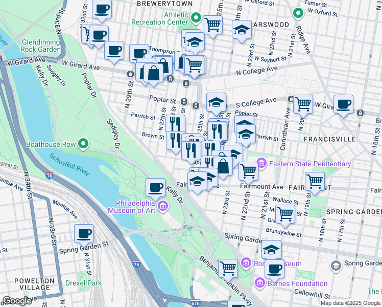 map of restaurants, bars, coffee shops, grocery stores, and more near 2512 Swain Street in Philadelphia