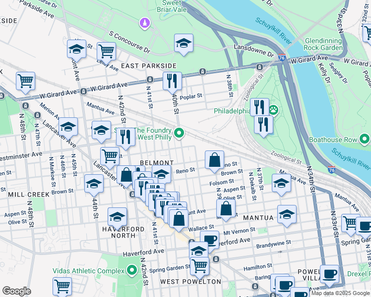 map of restaurants, bars, coffee shops, grocery stores, and more near 865 North 40th Street in Philadelphia