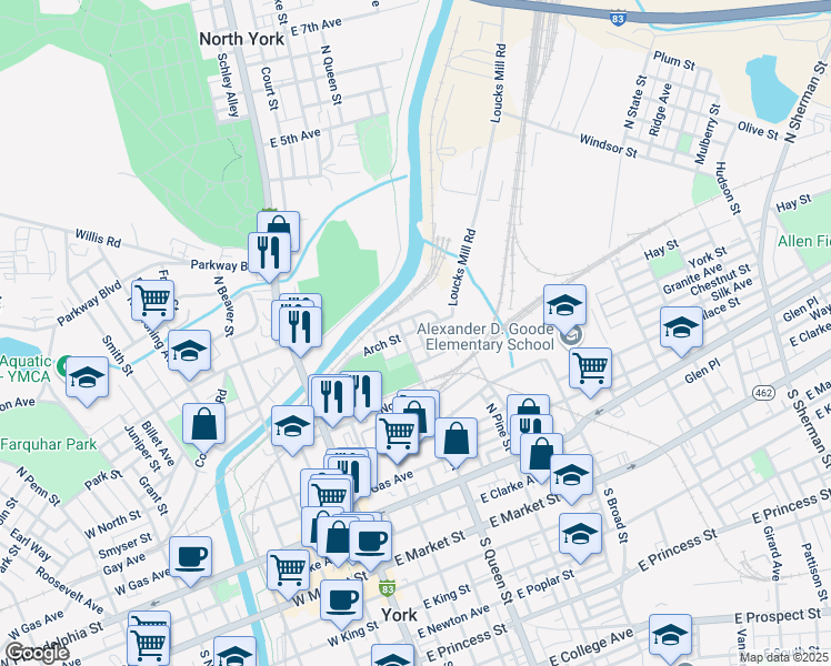 map of restaurants, bars, coffee shops, grocery stores, and more near 210 Arch Street in York