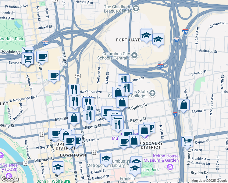 map of restaurants, bars, coffee shops, grocery stores, and more near 350 Mount Vernon Avenue in Columbus