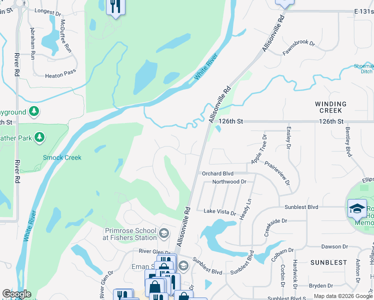map of restaurants, bars, coffee shops, grocery stores, and more near 7491 River Highlands Drive in Fishers