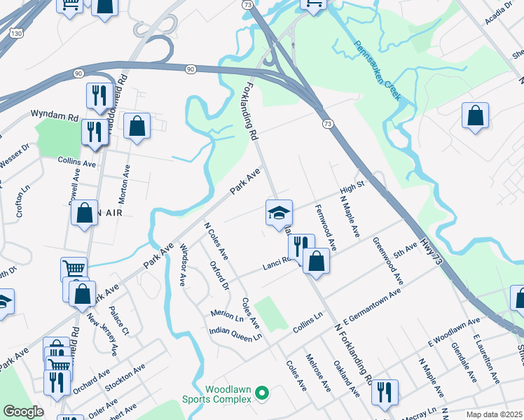 map of restaurants, bars, coffee shops, grocery stores, and more near 794 North Forklanding Road in Maple Shade Township
