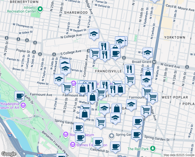 map of restaurants, bars, coffee shops, grocery stores, and more near 817 North Uber Street in Philadelphia