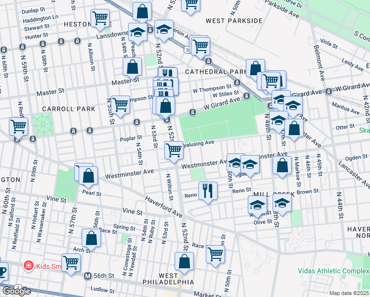map of restaurants, bars, coffee shops, grocery stores, and more near 551 North Creighton Street in Philadelphia