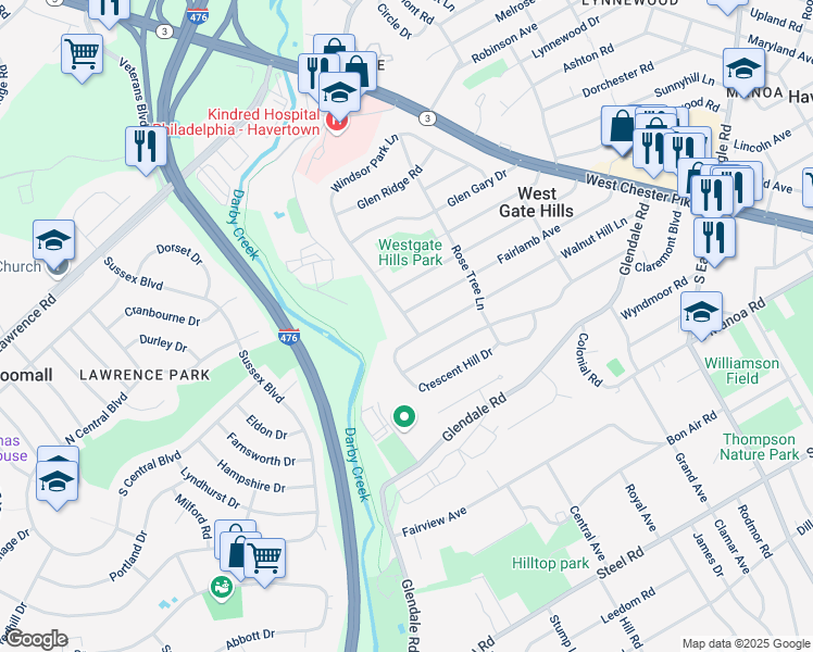 map of restaurants, bars, coffee shops, grocery stores, and more near 1400 Windsor Park Lane in Havertown