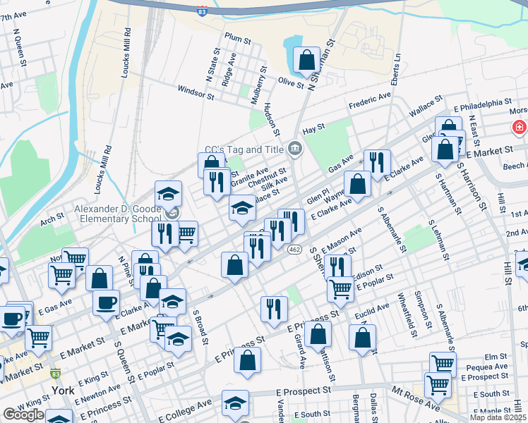 map of restaurants, bars, coffee shops, grocery stores, and more near 687 East Philadelphia Street in York