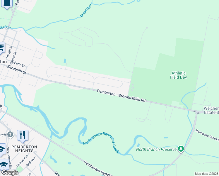 map of restaurants, bars, coffee shops, grocery stores, and more near 818 Pemberton Browns Mills Road in Pemberton