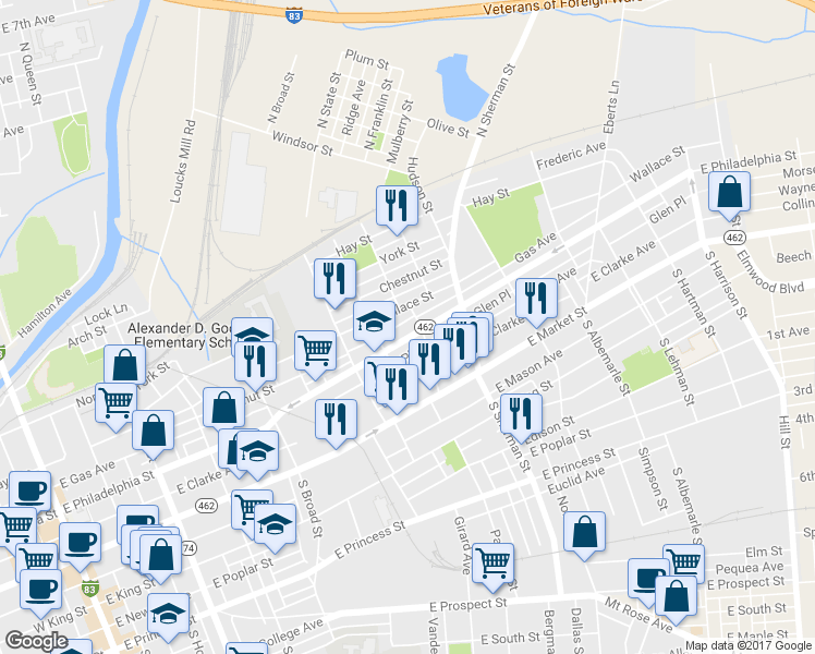 map of restaurants, bars, coffee shops, grocery stores, and more near 687 East Philadelphia Street in York