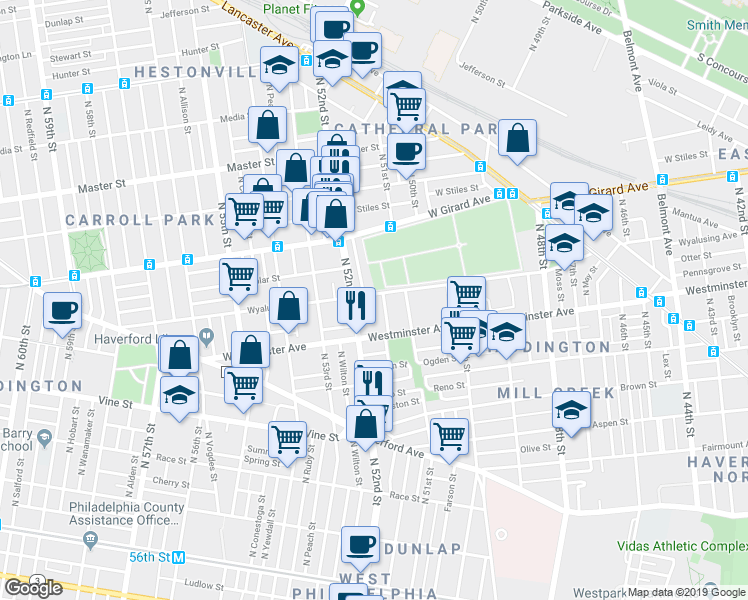 map of restaurants, bars, coffee shops, grocery stores, and more near 551 North Creighton Street in Philadelphia