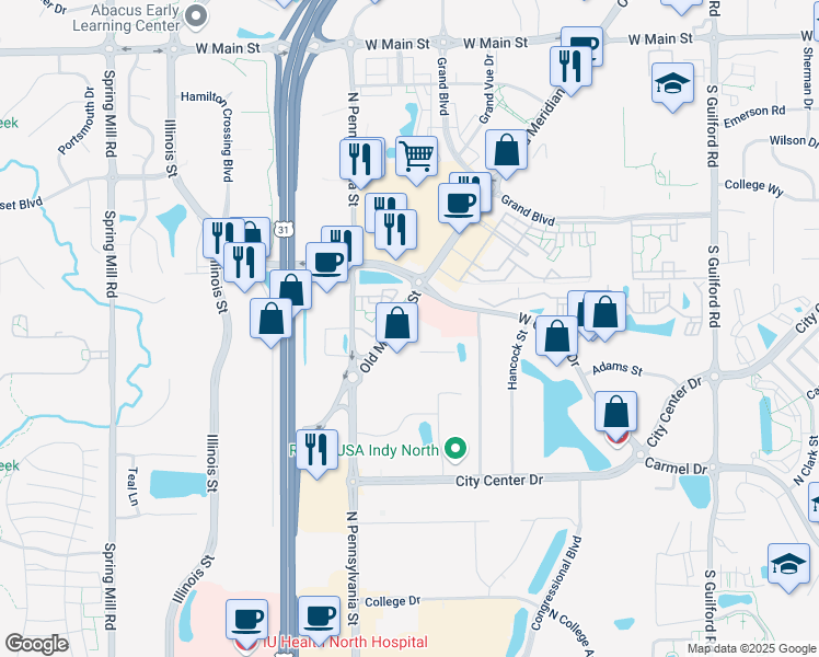 map of restaurants, bars, coffee shops, grocery stores, and more near 12415 Old Meridian Street in Carmel