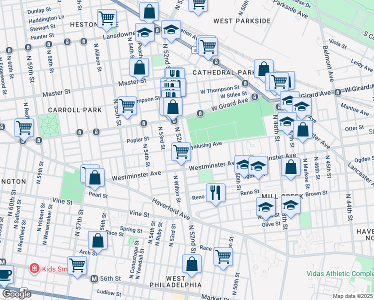 map of restaurants, bars, coffee shops, grocery stores, and more near 5148 Wyalusing Avenue in Philadelphia