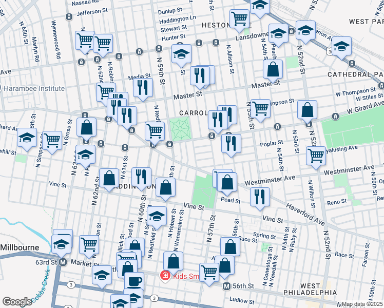 map of restaurants, bars, coffee shops, grocery stores, and more near 516 North 58th Street in Philadelphia