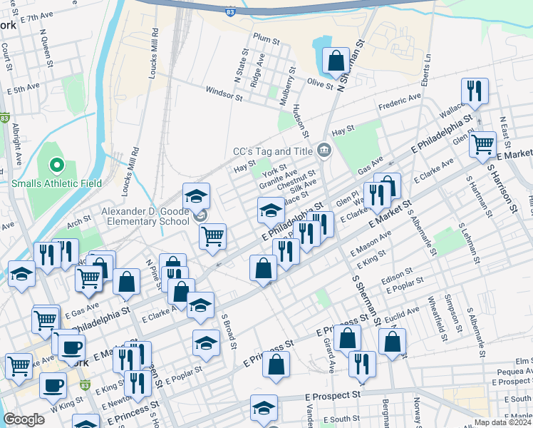 map of restaurants, bars, coffee shops, grocery stores, and more near 632 Wallace Street in York