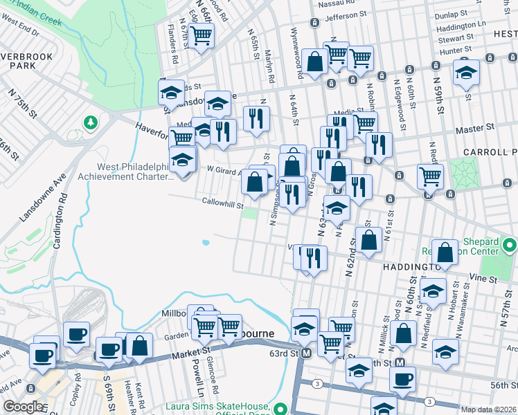 map of restaurants, bars, coffee shops, grocery stores, and more near 405 North 65th Street in Philadelphia