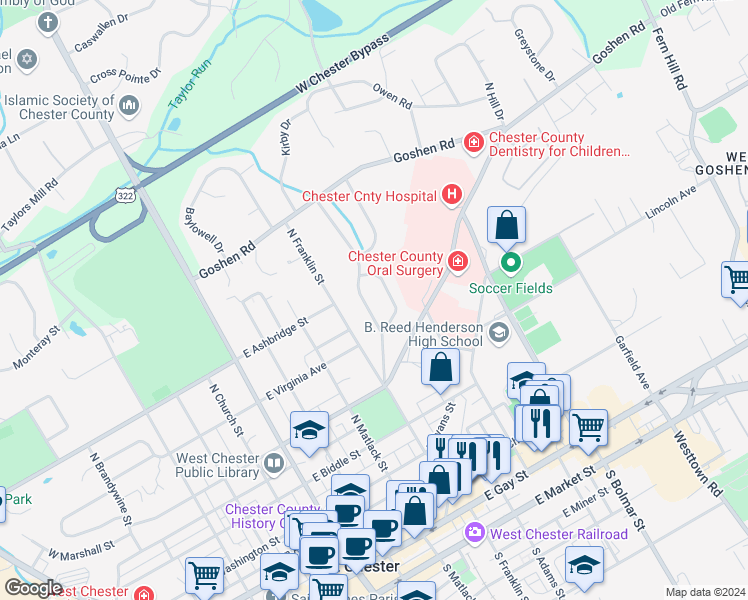 map of restaurants, bars, coffee shops, grocery stores, and more near 521 Marshall Drive in West Chester