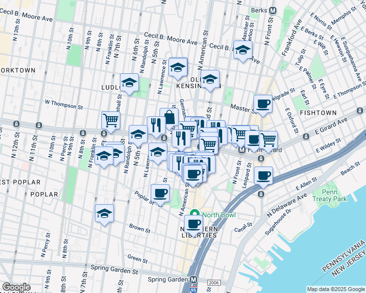 map of restaurants, bars, coffee shops, grocery stores, and more near 1151 North 3rd Street in Philadelphia