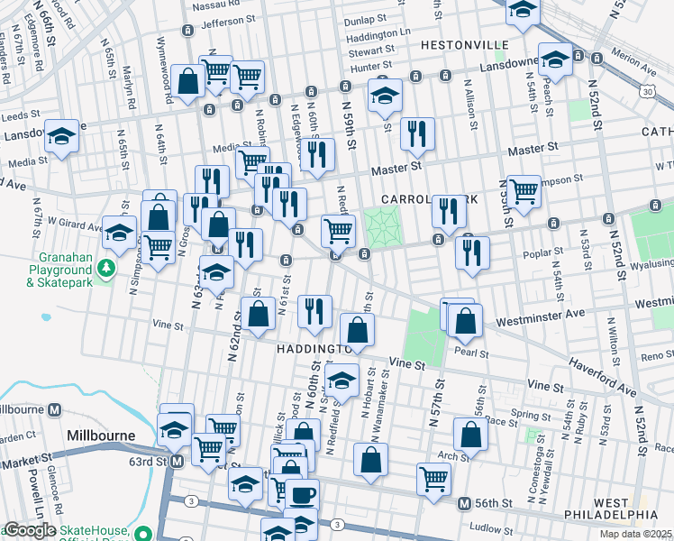 map of restaurants, bars, coffee shops, grocery stores, and more near 437 North Salford Street in Philadelphia
