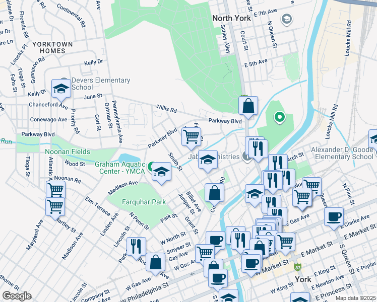 map of restaurants, bars, coffee shops, grocery stores, and more near 218 Front Street in York