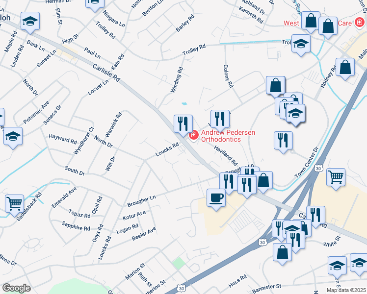 map of restaurants, bars, coffee shops, grocery stores, and more near 2210 Loucks Road in York