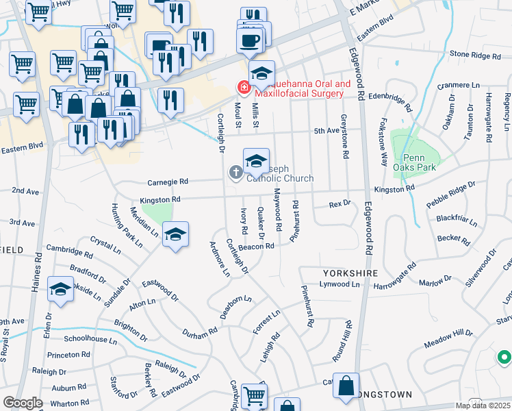 map of restaurants, bars, coffee shops, grocery stores, and more near 410 Quaker Drive in York