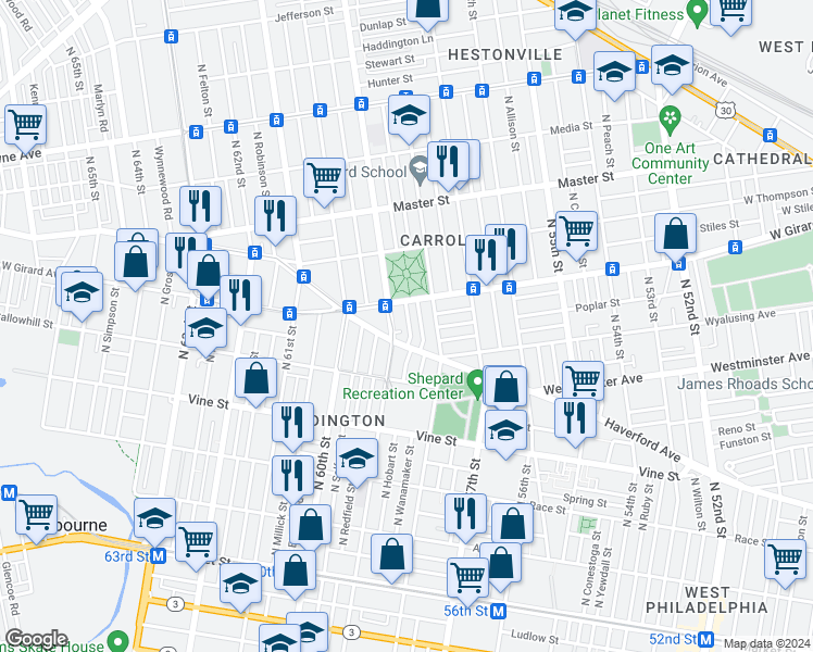 map of restaurants, bars, coffee shops, grocery stores, and more near 526 North Hobart Street in Philadelphia