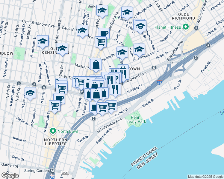 map of restaurants, bars, coffee shops, grocery stores, and more near 260 East Girard Avenue in Philadelphia
