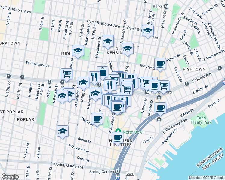 map of restaurants, bars, coffee shops, grocery stores, and more near 242 West Girard Avenue in Philadelphia
