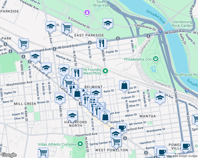 map of restaurants, bars, coffee shops, grocery stores, and more near 866 North Preston Street in Philadelphia