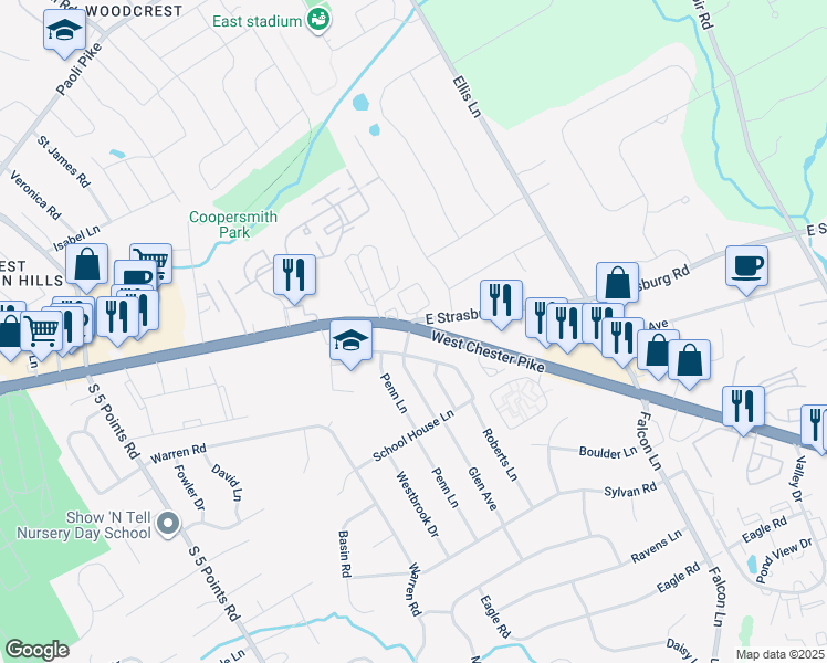 map of restaurants, bars, coffee shops, grocery stores, and more near 1202 West Chester Pike in West Chester