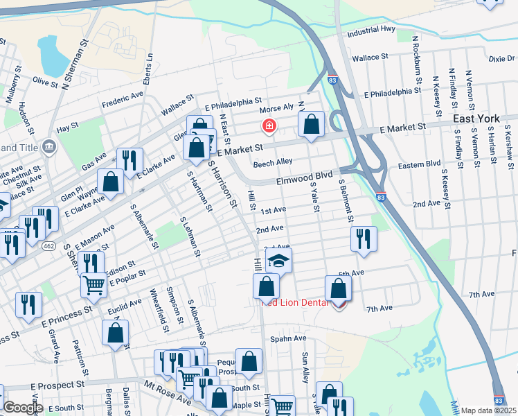 map of restaurants, bars, coffee shops, grocery stores, and more near 1405 1st Avenue in York