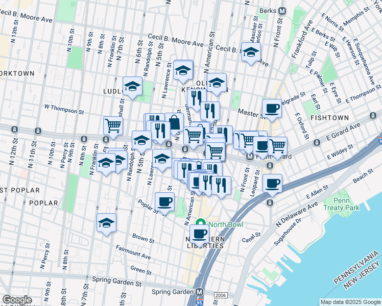 map of restaurants, bars, coffee shops, grocery stores, and more near 242 West Girard Avenue in Philadelphia