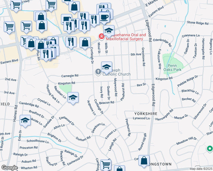 map of restaurants, bars, coffee shops, grocery stores, and more near 410 Quaker Drive in York