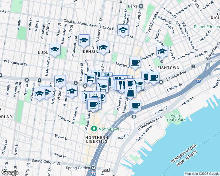 map of restaurants, bars, coffee shops, grocery stores, and more near 149 West Girard Avenue in Philadelphia
