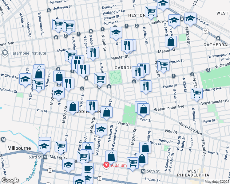 map of restaurants, bars, coffee shops, grocery stores, and more near 526 North Hobart Street in Philadelphia