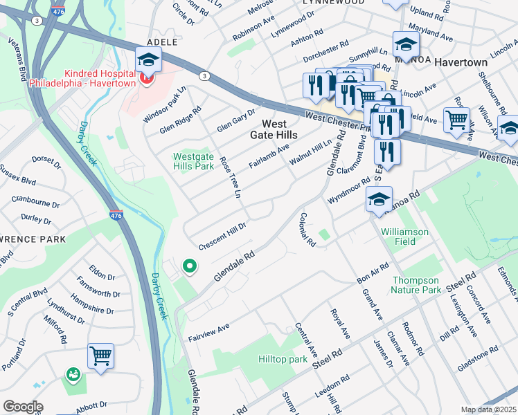 map of restaurants, bars, coffee shops, grocery stores, and more near 225 Greenbriar Lane in Havertown
