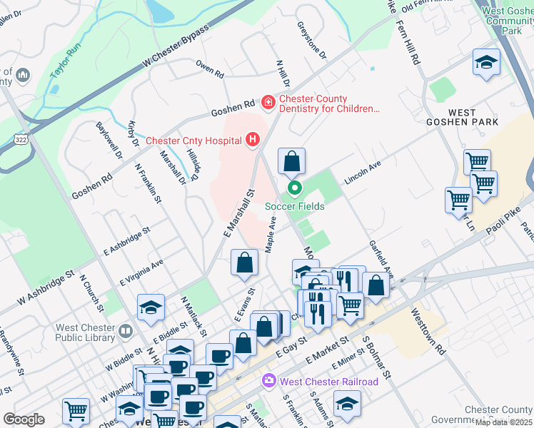 map of restaurants, bars, coffee shops, grocery stores, and more near 515 Maple Avenue in West Chester