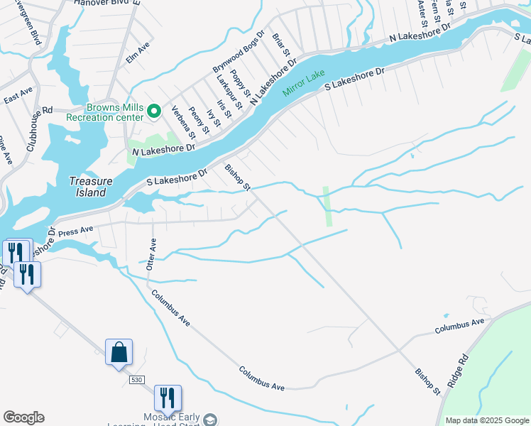 map of restaurants, bars, coffee shops, grocery stores, and more near 118 Bishop Street in Pemberton Township