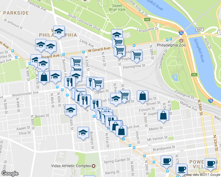 map of restaurants, bars, coffee shops, grocery stores, and more near 4047 Ogden Street in Philadelphia