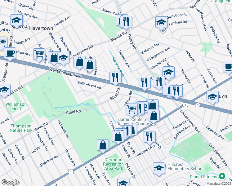 map of restaurants, bars, coffee shops, grocery stores, and more near 441 Olympic Ave in Havertown